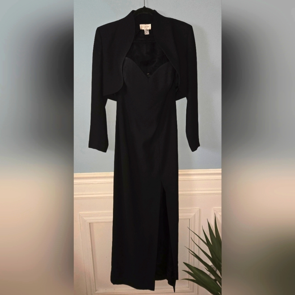 Vintage Henri Bendel Black Strapless Slit Long Dress Bolero Jacket Size 6 Party